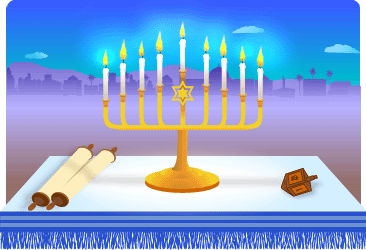 Menorah candles light up a table on which rest a torah scroll and a dreidel.
